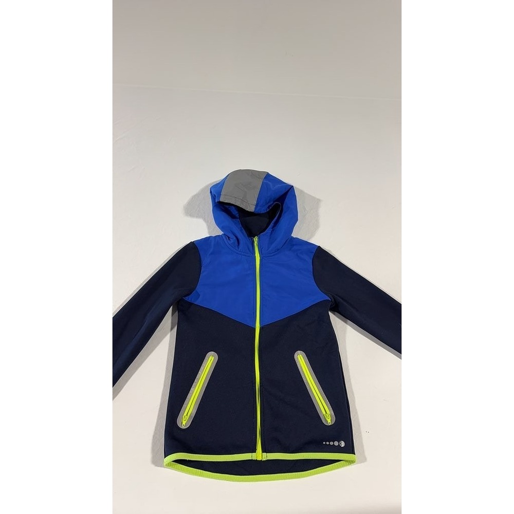 Boden Kids Colorblock Softshell Hooded Jacket Blue Black Neon Yellow Size 7-8Y